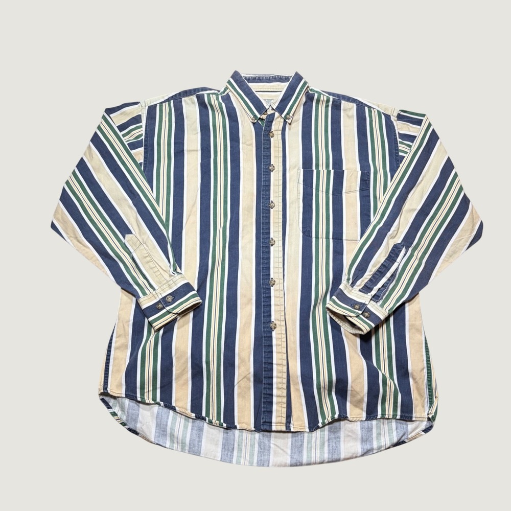 Vintage Natural Issue Mens Striped Button Down Shirt Blue Green Tan Cotton M
